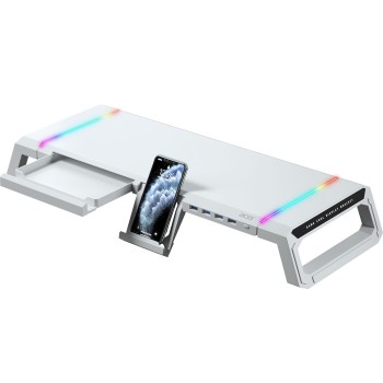 acer Ergo Multifunction Monitor & Laptop Stand Featuring RGB Lighting and a 4-Port USB Hub with Aluminum Multi Keyboard Storage Space Bar, Suitable for Both Office and Home Environments (White)