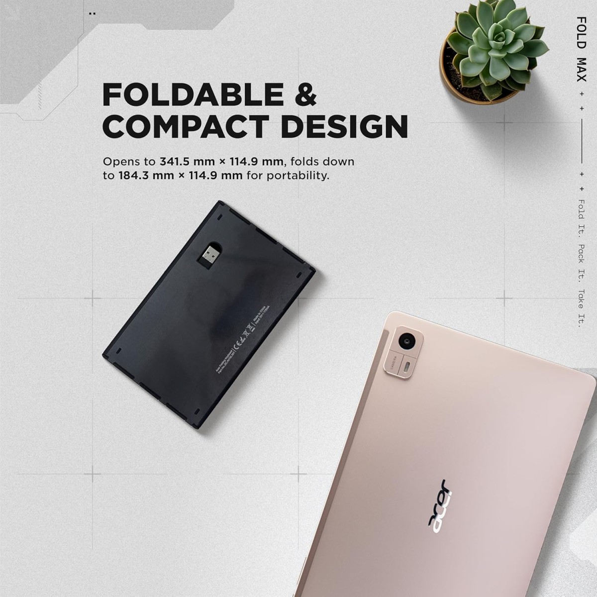 acer Fold Max | 99 Keys Full-Size Foldable Bluetooth Keyboard | BT 5.0 | Rechargeable 180mAh Battery | USB-C Fast Charging | 51H Use | Portable ABS Build | Black | Windows/Mac/Android Compatible