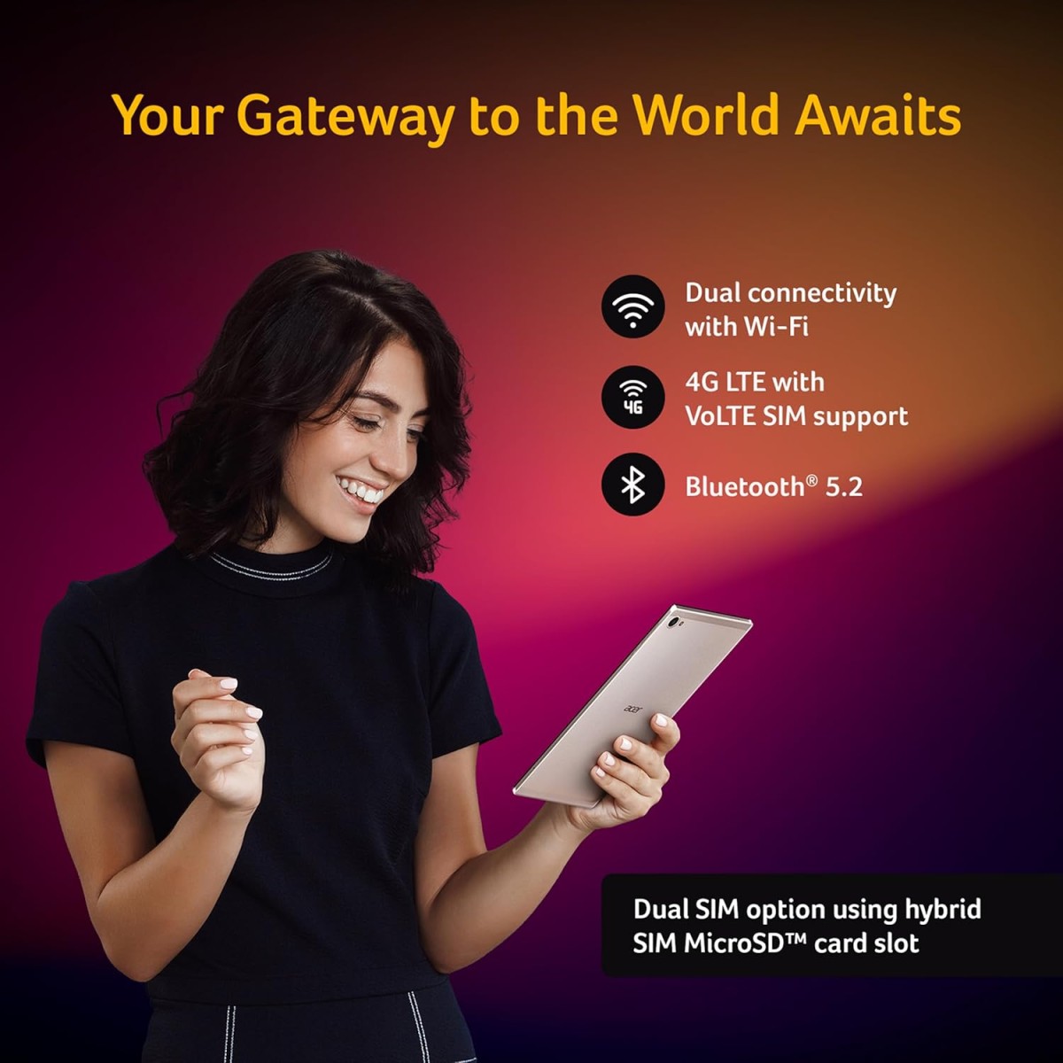 acer Iconia Tablet iM9-12M,22.09 cm (8.7") WXGA IPS Display, 400 Nits, 4GB /64GB eMMC, 8+5 MP Dual-Camera, Slim Metal Body, Wi-Fi5+4G LTE, Android 14, BT 5.2, Silver.Free Flipcover & Wired Earphone