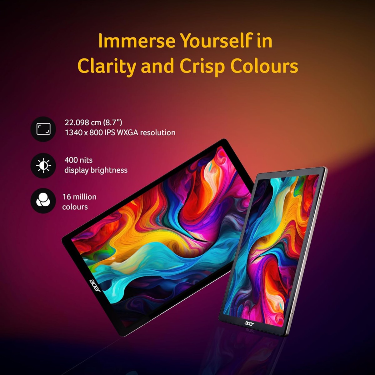 acer Iconia Tablet iM9-12M,22.09 cm (8.7") WXGA IPS Display, 400 Nits, 4GB /64GB eMMC, 8+5 MP Dual-Camera, Slim Metal Body, Wi-Fi5+4G LTE, Android 14, BT 5.2, Silver.Free Flipcover & Wired Earphone