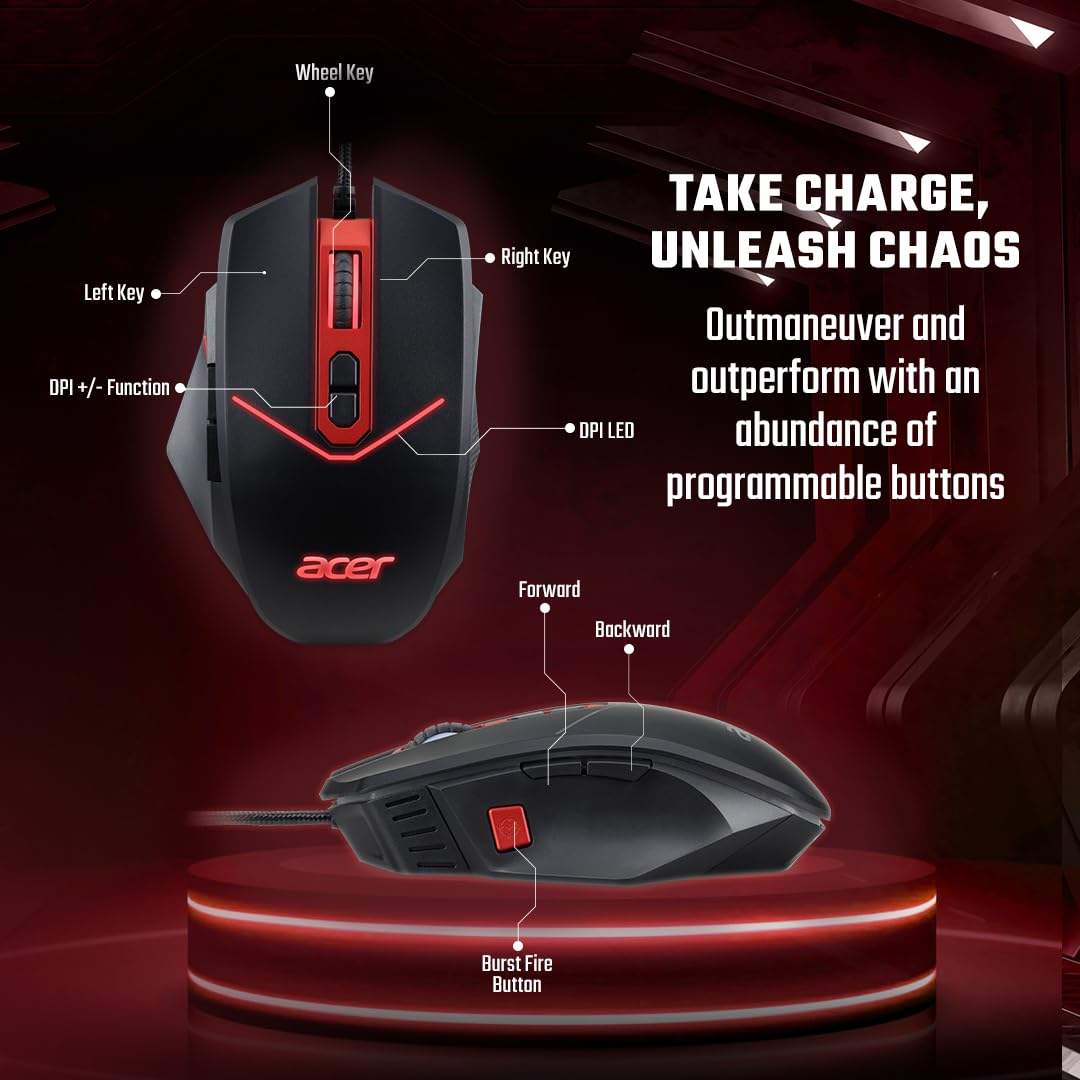 acer Nitro Ergo-Comfort Wired Optical Gaming Mouse II (4200 DPI/8 Buttons/RGB: 6 Color LED backlight/PAW3325 Sensor/Polling Rate 1MS/1000Hz) NMW120, Black