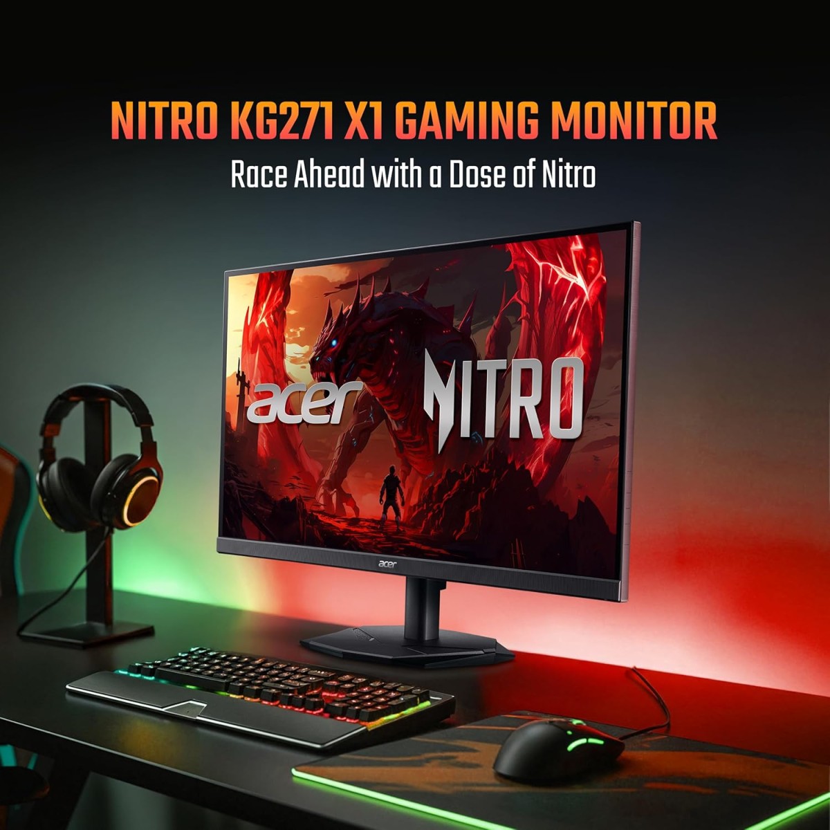acer Nitro KG271 X1 27 Inch IPS Full HD Backlit LED Gaming Monitor I 0.5 MS Response I 200Hz Refresh Rate I SRGB 99%, HDR 10 I 2xHDMI, 1xDP I Stereo Speakers I AMD FreeSync Premium I Eye Care (Black)