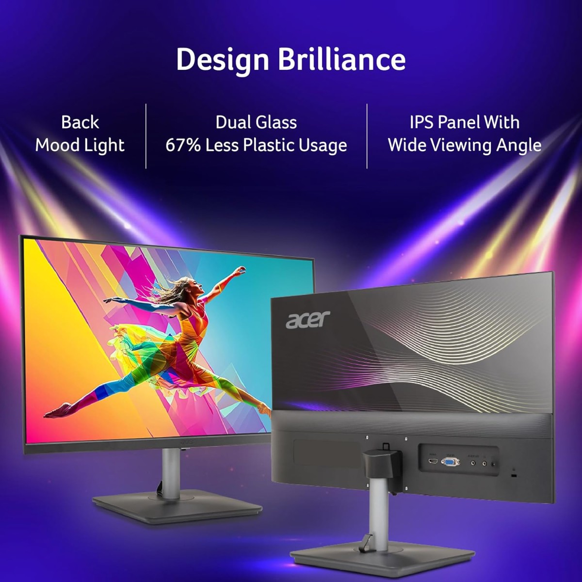 acer RS242Y 23.8 Inch Full HD IPS Ultra-Thin (6.9mm) Backlit LED Monitor I Color Patterned Back Mood Light I Dual Glass Design, Sleek Metal Frame I 1 MS, 100Hz I 1xHDMI 1xVGA I Speakers I Eye Care