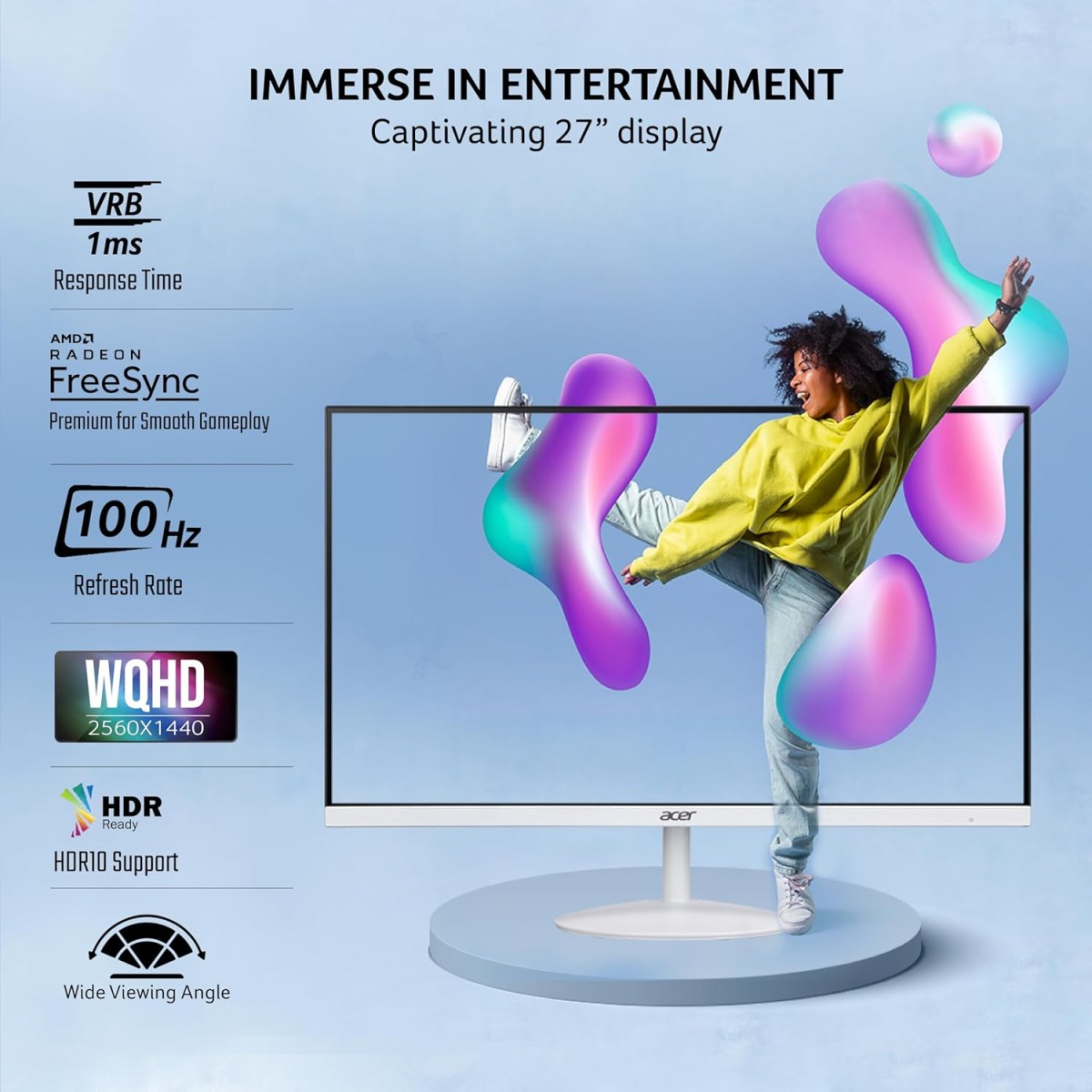 acer SA272U E 27 Inch WQHD 2560x1440 Resolution IPS Ultra Slim (7.2mm) Backlight LED LCD Monitor I 100Hz Refresh I 1 MS VRB I HDR 10 I AMD Free Sync I 2xHDMI 1xDP I Stereo Speakers I Eye Care I White