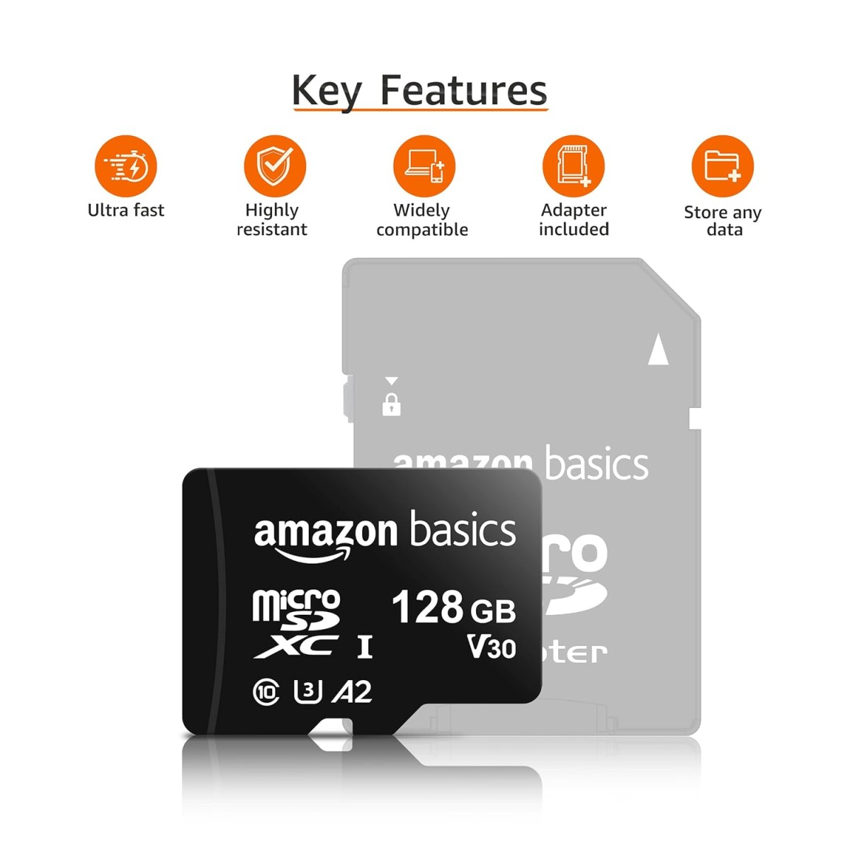 amazon basics 128Gb Microsdxc Memory Card with Full Size Adapter, 100Mb/S, U3