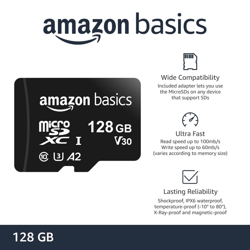 amazon basics 128Gb Microsdxc Memory Card with Full Size Adapter, 100Mb/S, U3