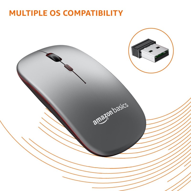 amazon basics 2.4GHz Wireless + Bluetooth 5.1 Mouse, Multi-Device Dual Mode Slim Rechargeable Silent Click Buttons Wireless Bluetooth Mouse, 3 Adjustable DPI