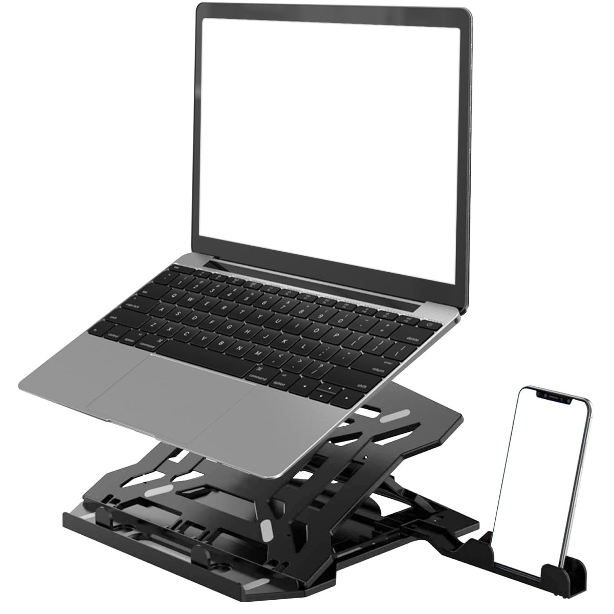 amazon basics ABS 2-in-1 Laptop and Mobile Stand, Ergonomic, Adjustable Height, Anti-Slip Base, Heat Dissipation, Portable (Black)