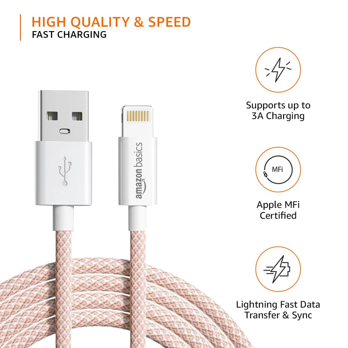 AmazonBasics amazon basics Nylon Braided USB-A to Lightning Cable Cord, MFi Certified Charger for Apple iPhone Salmon Pink, 1.02 meter