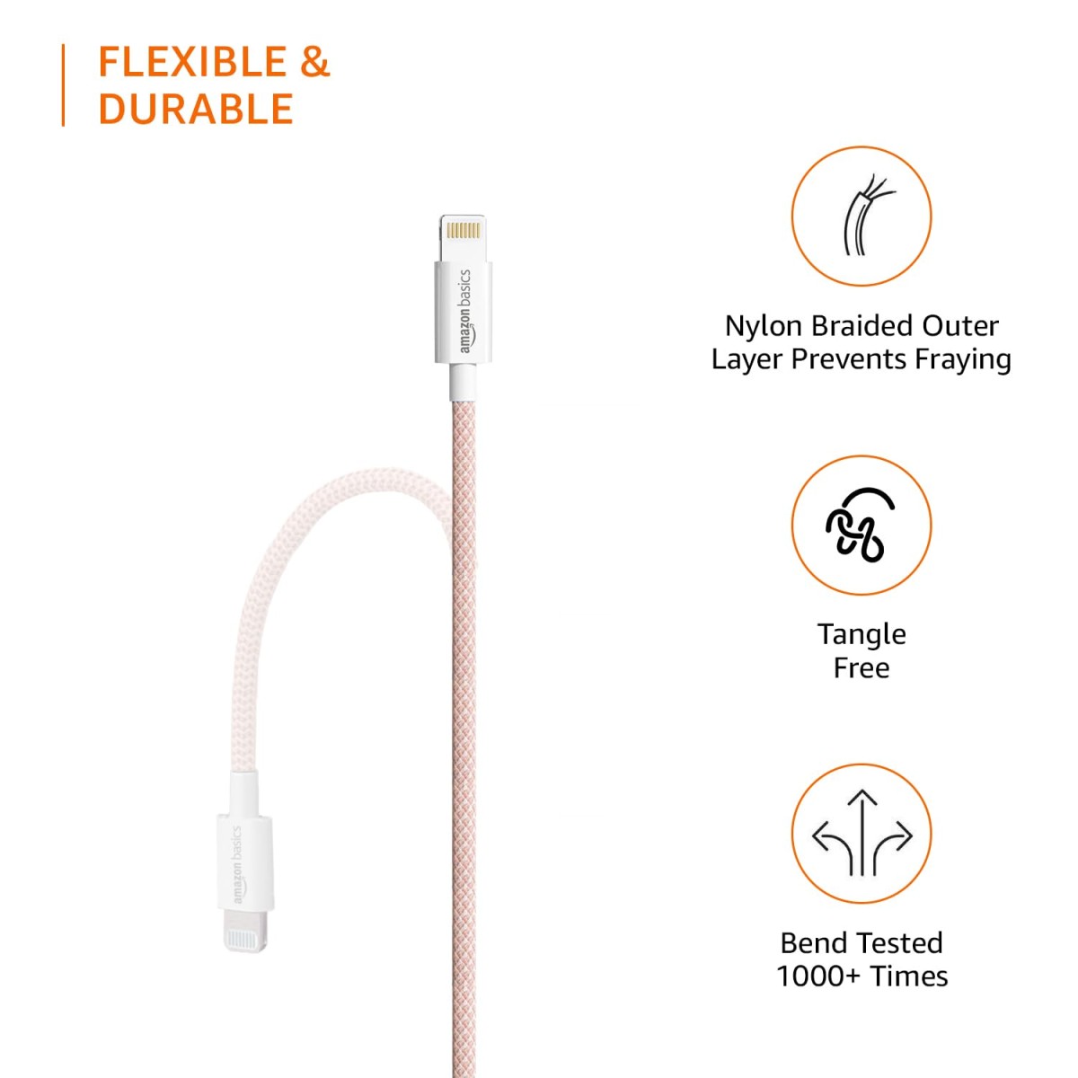 AmazonBasics amazon basics Nylon Braided USB-A to Lightning Cable Cord, MFi Certified Charger for Apple iPhone Salmon Pink, 1.02 meter