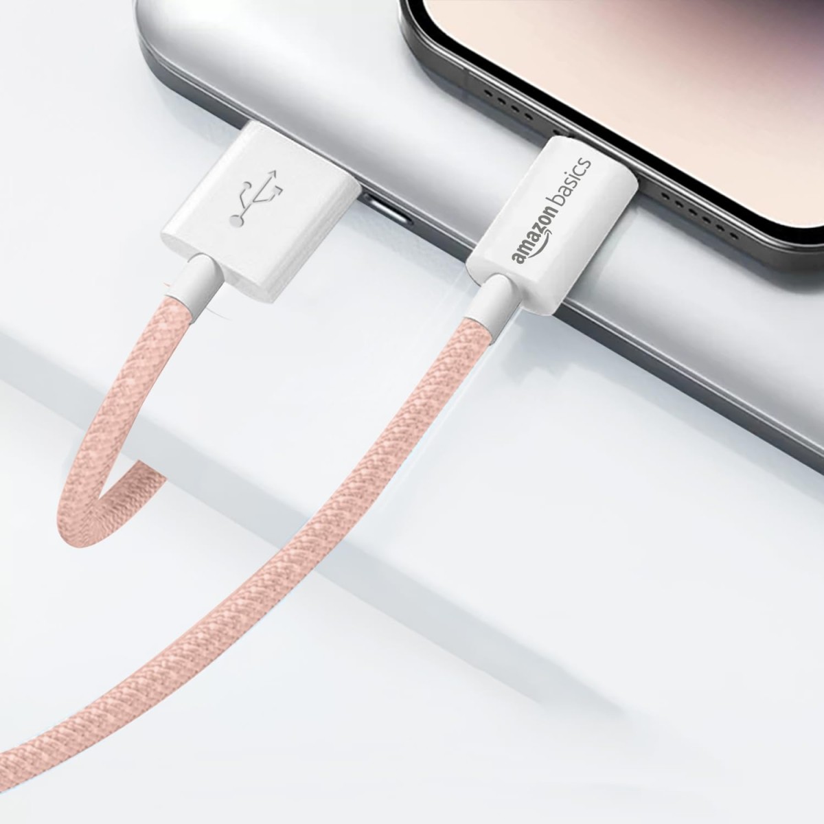 AmazonBasics amazon basics Nylon Braided USB-A to Lightning Cable Cord, MFi Certified Charger for Apple iPhone Salmon Pink, 1.02 meter