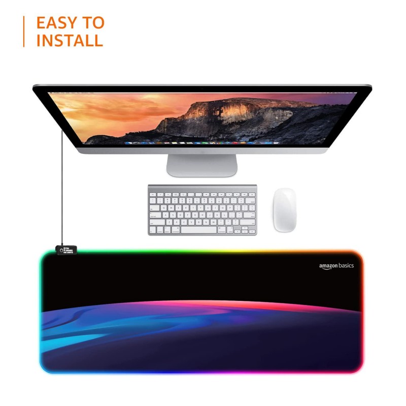 amazon basics RGB Light Gaming Mouse Pad Desk Mat for Computer Laptop | Stitched Embroidery Edges | Non-Slip Rubber Base | Extended Keyboard Mouse Pad for Office & Home (795mm x 298mm x 3.45mm)