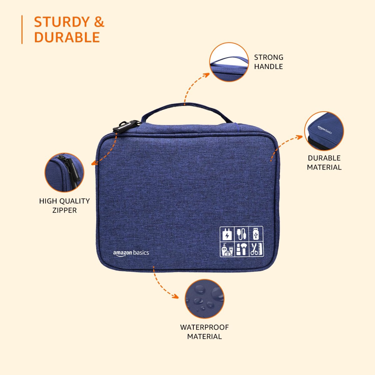 amazon basics Travel Organiser for Electronic Accessories, Flexible Padded Dividers, Waterproof, Foam Padding, for Cables, Chargers, Hard Disk, Power Bank