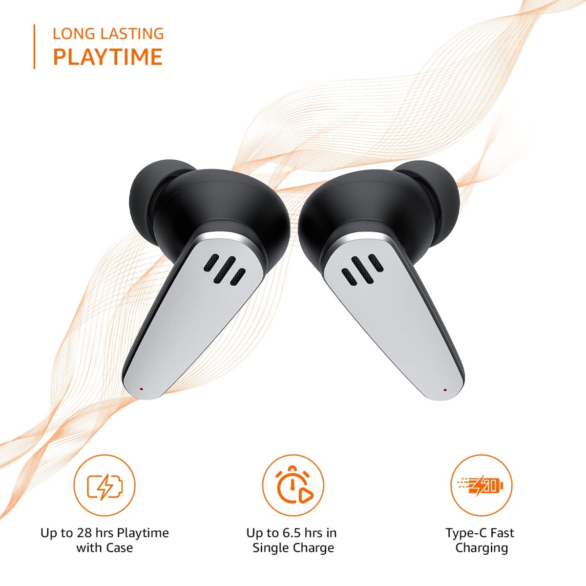 amazon basics Truly Wireless Earbuds with Environmental Noise Cancellation Quad Mic, IPX5 Water Resistant, Bluetooth 5.3, Up to 28 Hours Playtime and Fast Charging (Black)