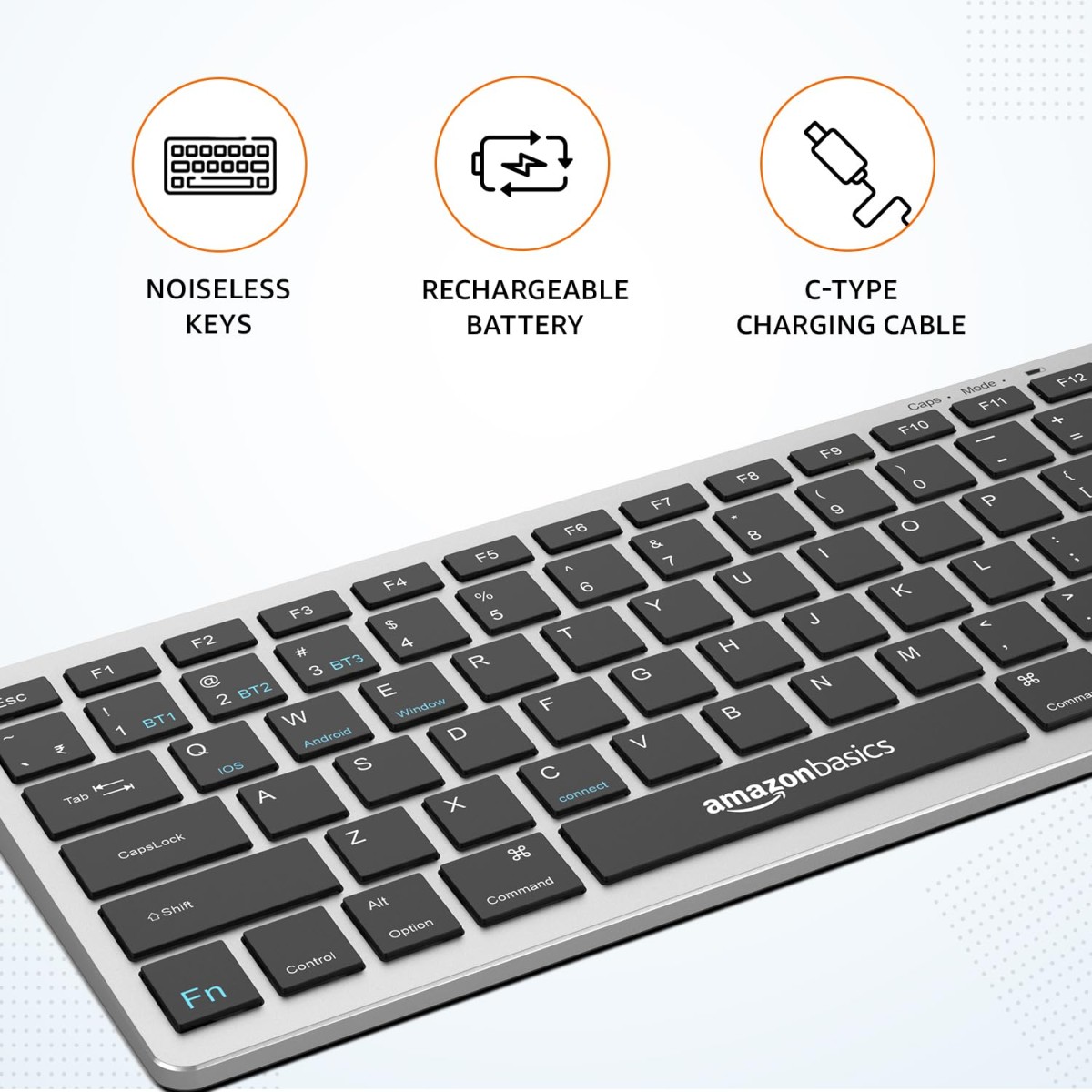 amazon basics Wireless Bluetooth Keyboard | Easy Switch for Up to 3 Devices | Ideal for Tablets & Mobiles | iOS, Windows, Android Compatible | Type C Port 78 Keys (Black and Grey)