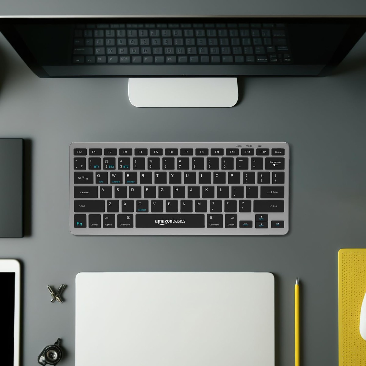 amazon basics Wireless Bluetooth Keyboard | Easy Switch for Up to 3 Devices | Ideal for Tablets & Mobiles | iOS, Windows, Android Compatible | Type C Port 78 Keys (Black and Grey)