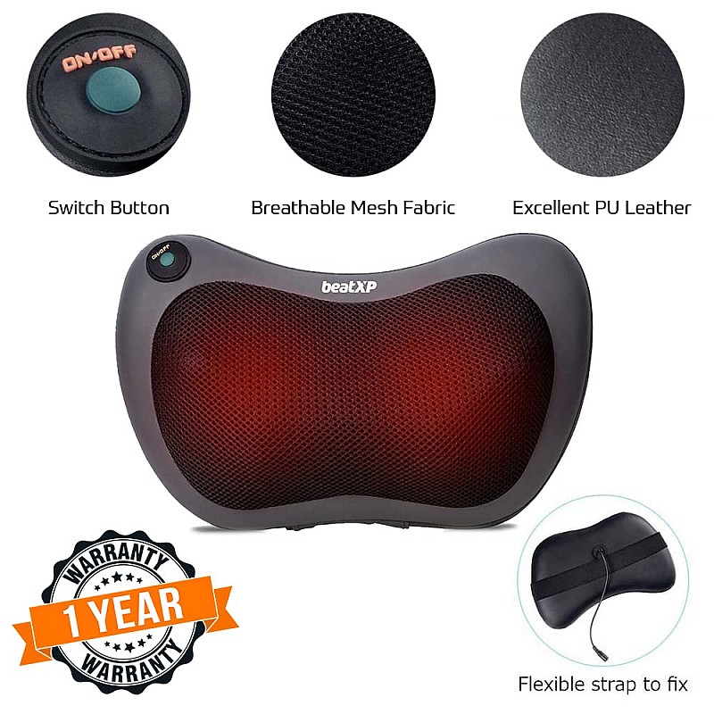 beatXP Deep Heal Pillow Shiatsu Infrared Heat Therapy Massager with 3 Mode Settings | Deep Tissue Massager for Shoulder, Neck and Back Pain Relief