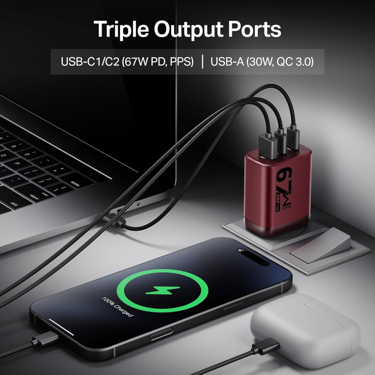 boAt 67W GaN laptop Charger, Ultra-Fast Triple Port Fast Charge, Compact & Lightweight,Supports iPhone, ipad, Android, Laptops, Macbooks,HP, Dell, Lenovo, Asus, Tablet (For 65W charging) (Monarch Red) boAt 67W GaN laptop Charger, Ultra-Fast Triple Port Fast Charge, Compact & Lightweight,Supports iPhone, ipad, Android, Laptops, Macbooks,HP, Dell, Lenovo, Asus, Tablet (For 65W charging) (Monarch Red)