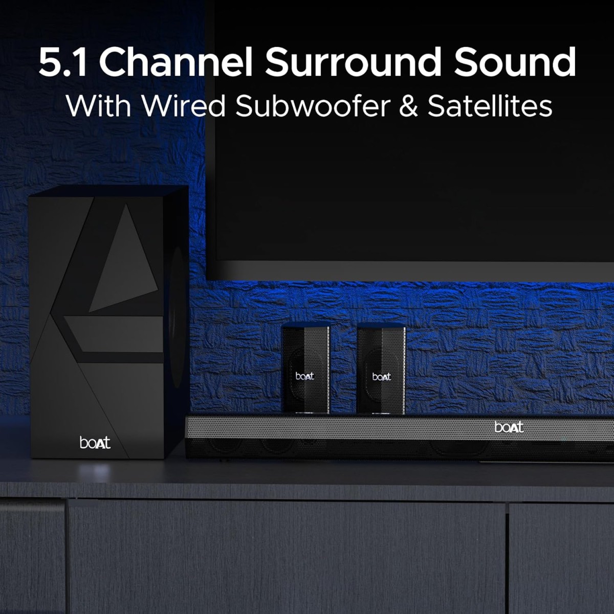 boAt Aavante Bar Azure Pro, 550 W Sound, 5.1CH with Wireless Rear Satellite Speakers, EQ Modes, BTv5.4,Multiple Ports, Master Remote, Bluetooth Sound Bar, Home Theatre Soundbar Speaker (Premium Black) boAt Aavante Bar Azure Pro, 550 W Sound, 5.1CH with Wireless Rear Satellite Speakers, EQ Modes, BTv5.4,Multiple Ports, Master Remote, Bluetooth Sound Bar, Home Theatre Soundbar Speaker (Premium Black)