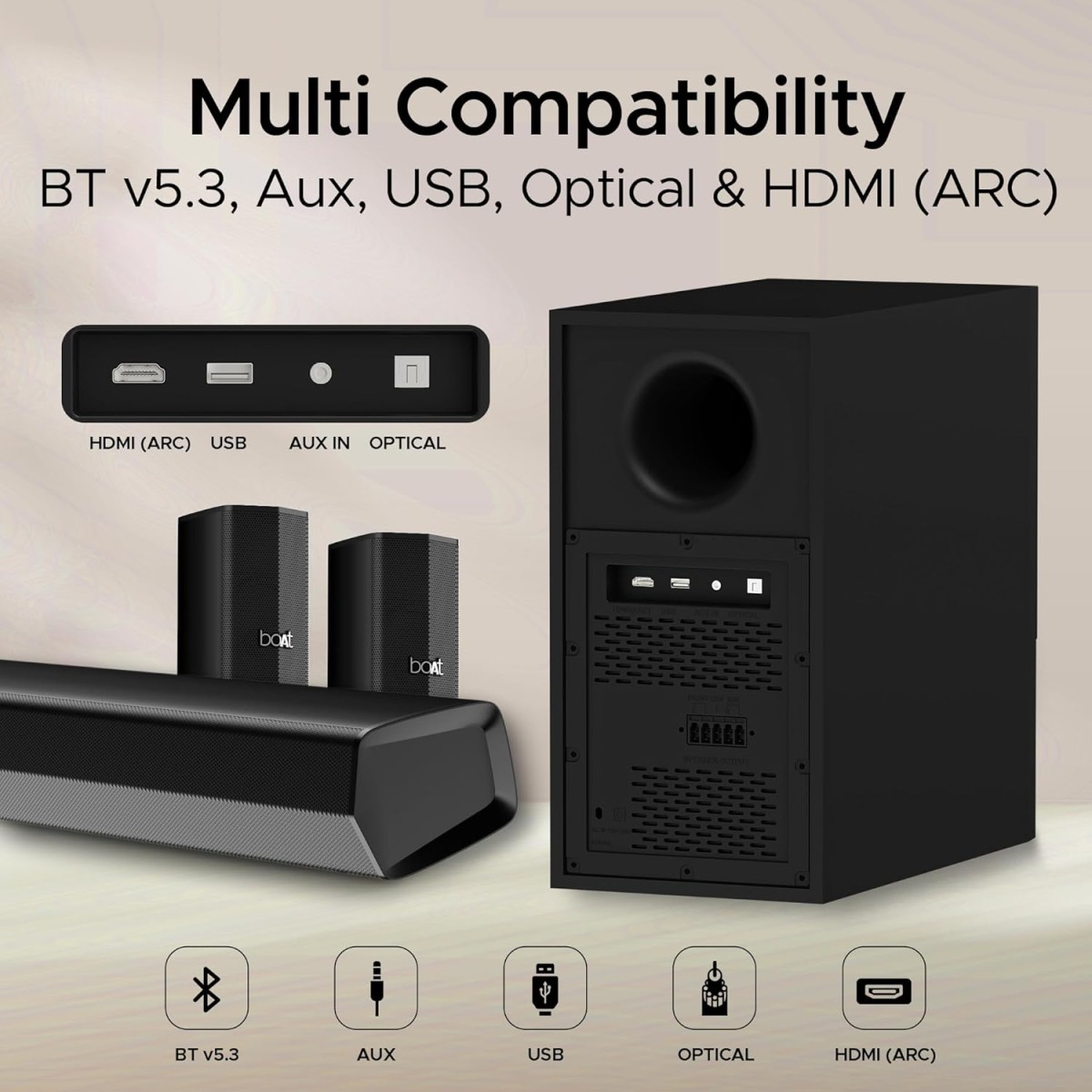 boAt Aavante Bar Azure Pro, 550 W Sound, 5.1CH with Wireless Rear Satellite Speakers, EQ Modes, BTv5.4,Multiple Ports, Master Remote, Bluetooth Sound Bar, Home Theatre Soundbar Speaker (Premium Black) boAt Aavante Bar Azure Pro, 550 W Sound, 5.1CH with Wireless Rear Satellite Speakers, EQ Modes, BTv5.4,Multiple Ports, Master Remote, Bluetooth Sound Bar, Home Theatre Soundbar Speaker (Premium Black)