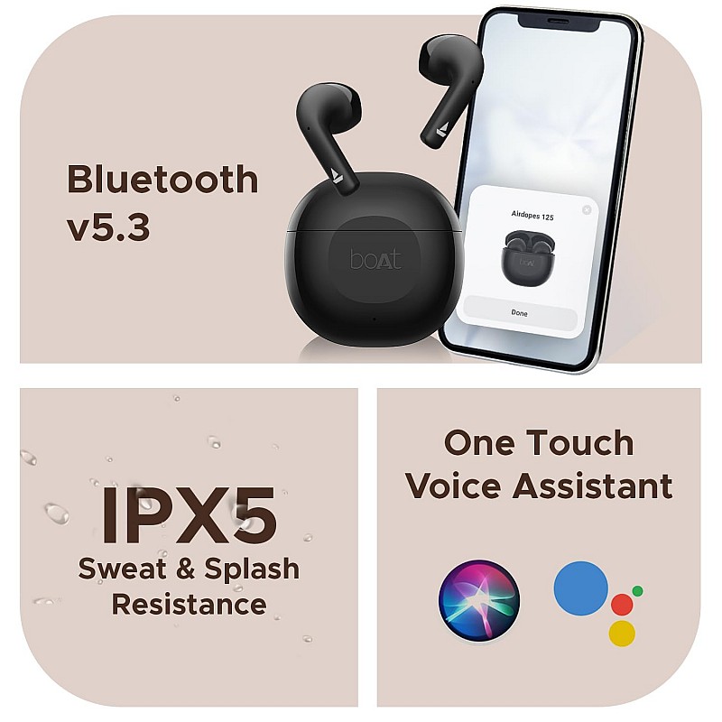 boAt Airdopes 125 TWS Earbuds with 50 hrs Playtime,Quad Mics with ENxᵀᴹ Tech,ASAPᵀᴹ Charging,IWPᵀᴹ Tech, BEASTᵀᴹ Mode with 50 ms Low Latency,BTv5.3, IPX5(Mystic Black)