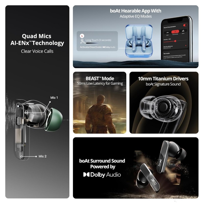 boAt Airdopes 800, Dolby Audio, Adaptive EQ by Mimi, 4Mics AI ENx, App Support, Fast Charge, Low Latency, IPX5, v5.3 Bluetooth TWS in Ear Earbuds Wireless Earphones with mic boAt Airdopes 800, Dolby Audio, Adaptive EQ by Mimi, 4Mics AI ENx, App Support, Fast Charge, Low Latency, IPX5, v5.3 Bluetooth TWS in Ear Earbuds Wireless Earphones with mic