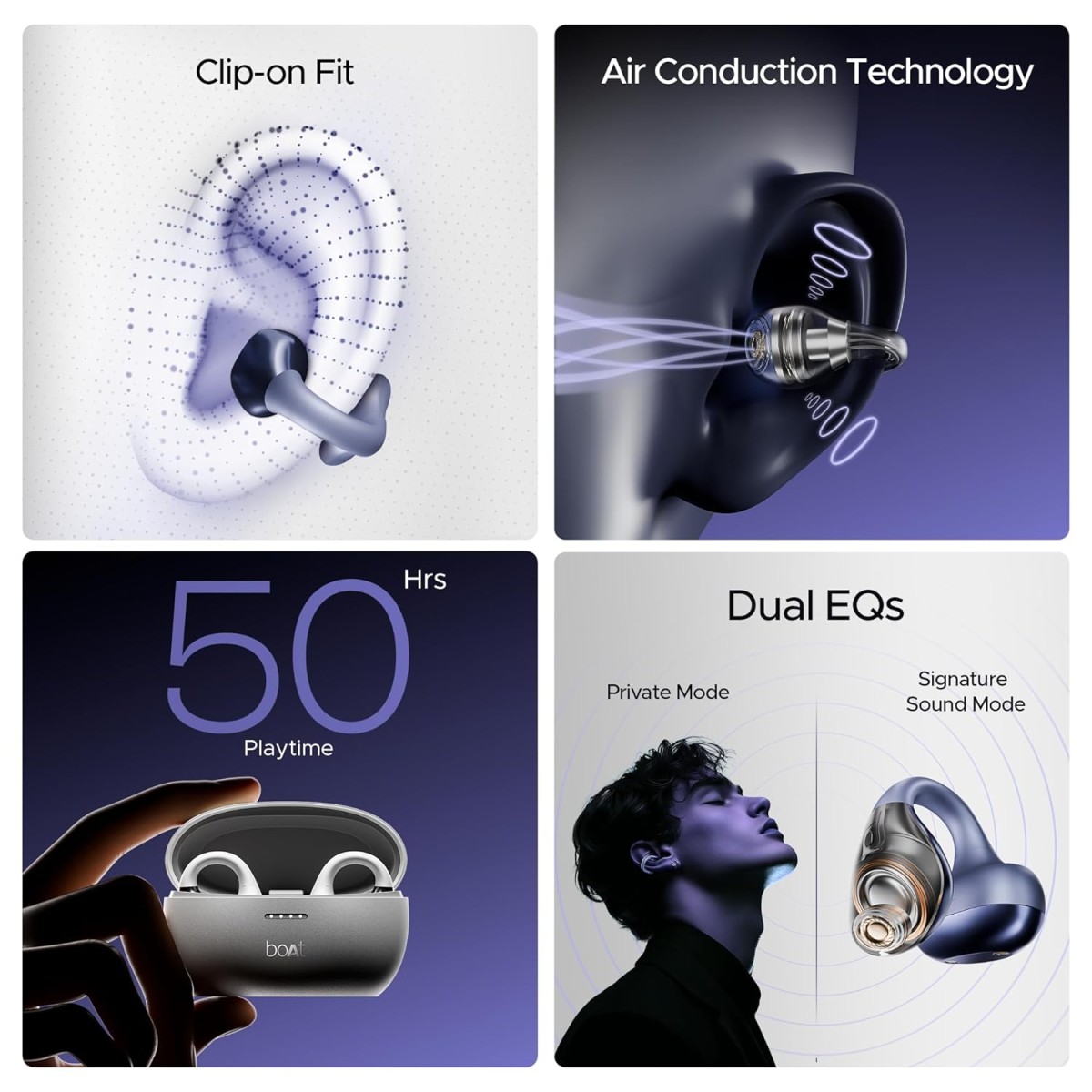 boAt Airdopes Loop in Ear Earbuds Bluetooth W/Clip-On Fit, Air Conduction Tech, 50HRS Battery, 4Mics Enx, Dual EQ Modes, 12Mm Drivers, 40Ms Latency, ASAP Charge, OWS Ear Buds Earphones