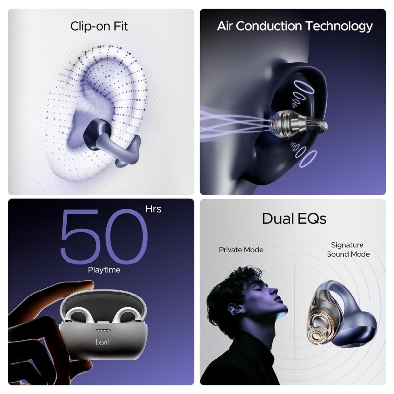 boAt Airdopes Loop in Ear Earbuds Bluetooth W/Clip-On Fit, Air Conduction Tech, 50HRS Battery, 4Mics Enx, Dual EQ Modes, 12Mm Drivers, 40Ms Latency, ASAP Charge, OWS Ear Buds Earphones boAt Airdopes Loop in Ear Earbuds Bluetooth W/Clip-On Fit, Air Conduction Tech, 50HRS Battery, 4Mics Enx, Dual EQ Modes, 12Mm Drivers, 40Ms Latency, ASAP Charge, OWS Ear Buds Earphones