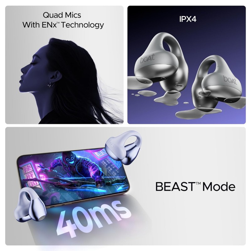 boAt Airdopes Loop in Ear Earbuds Bluetooth W/Clip-On Fit, Air Conduction Tech, 50HRS Battery, 4Mics Enx, Dual EQ Modes, 12Mm Drivers, 40Ms Latency, ASAP Charge, OWS Ear Buds Earphones boAt Airdopes Loop in Ear Earbuds Bluetooth W/Clip-On Fit, Air Conduction Tech, 50HRS Battery, 4Mics Enx, Dual EQ Modes, 12Mm Drivers, 40Ms Latency, ASAP Charge, OWS Ear Buds Earphones