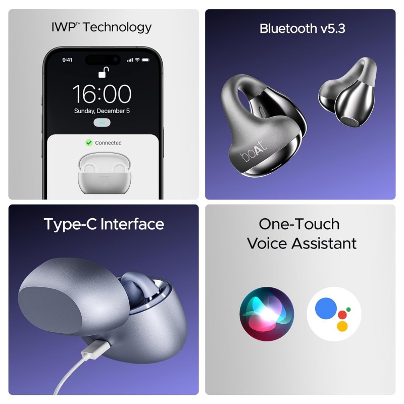boAt Airdopes Loop in Ear Earbuds Bluetooth W/Clip-On Fit, Air Conduction Tech, 50HRS Battery, 4Mics Enx, Dual EQ Modes, 12Mm Drivers, 40Ms Latency, ASAP Charge, OWS Ear Buds Earphones boAt Airdopes Loop in Ear Earbuds Bluetooth W/Clip-On Fit, Air Conduction Tech, 50HRS Battery, 4Mics Enx, Dual EQ Modes, 12Mm Drivers, 40Ms Latency, ASAP Charge, OWS Ear Buds Earphones