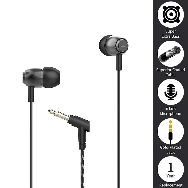 boAt BassHeads 182 Wired in Ear Earphone with Mic (Black)