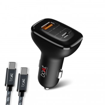 boAt Dual Port Rapid 5V Car Charger (Qualcomm Certified) Smart Charging with Quick Charge 3.0 for Cellular Phones (Black) (Free Micro USB Cable)