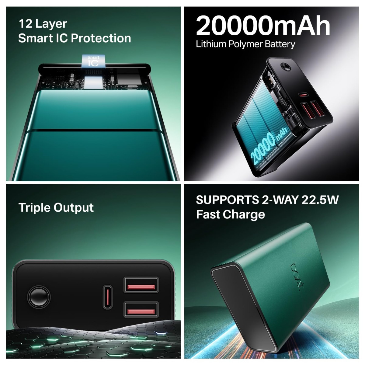 boAt Energyshroom PB400 Pro 20000mAh | Pocket Size, Compact Power Bank w/Type-C Input (2-Way Port), 3X Output Ports, Compatible with Tablets, Smartphones (Emerald Green)