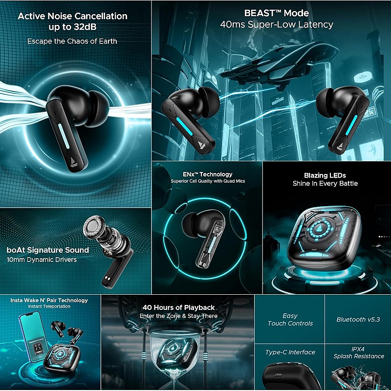 boAt Immortal Airspeed Pro Truly Wireless in- Ear Earbuds w/ 32dB ANC, Beast™ Mode with 40ms Latency, 40hrs Playback, 4 Mics with ENx™, Premium ID w/LEDs & ASAP™ Charge(Black Sabre)