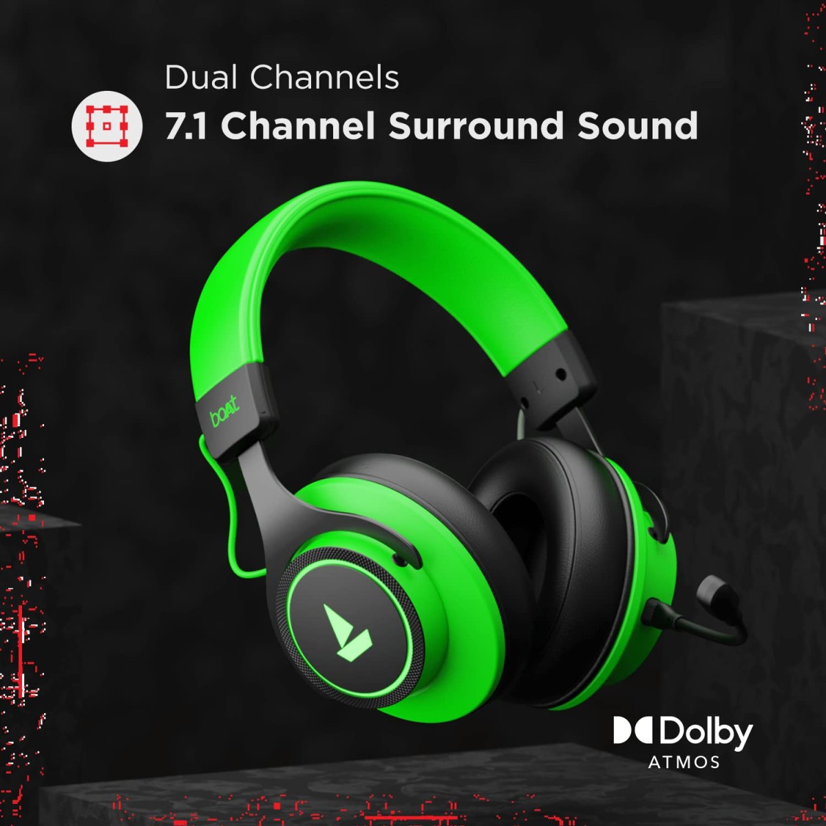 boAt Immortal IM1000D Dual Channel Gaming Wired Over Ear Headphones with mic, Dolby Atmos, 7.1 Channel Surround Audio, 50mm Drivers & RGB Breathing LEDs(Viper Green)