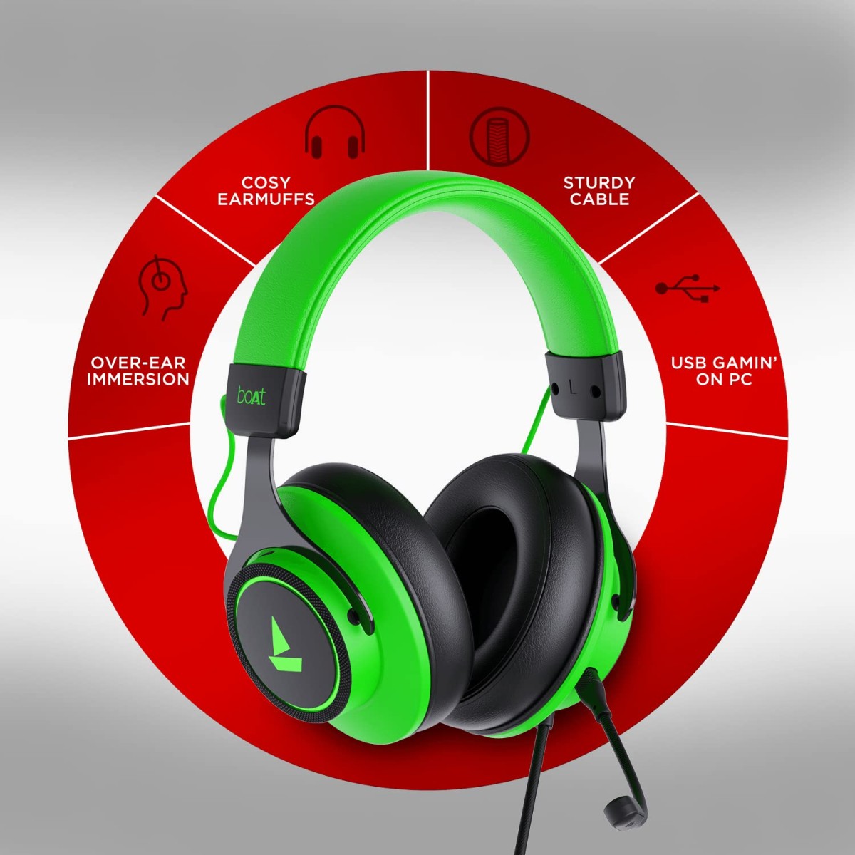 boAt Immortal IM1000D Dual Channel Gaming Wired Over Ear Headphones with mic, Dolby Atmos, 7.1 Channel Surround Audio, 50mm Drivers & RGB Breathing LEDs(Viper Green)