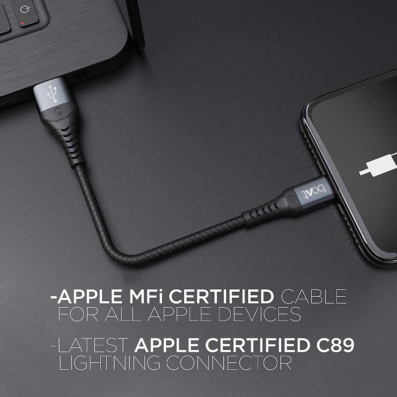 boAt LTG 200 Lightning Apple MFi Certified Cable with Spaceship Grade Aluminium Housing (Mercurial Black)