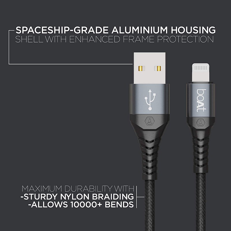 boAt LTG 200 Lightning Apple MFi Certified Cable with Spaceship Grade Aluminium Housing (Mercurial Black)