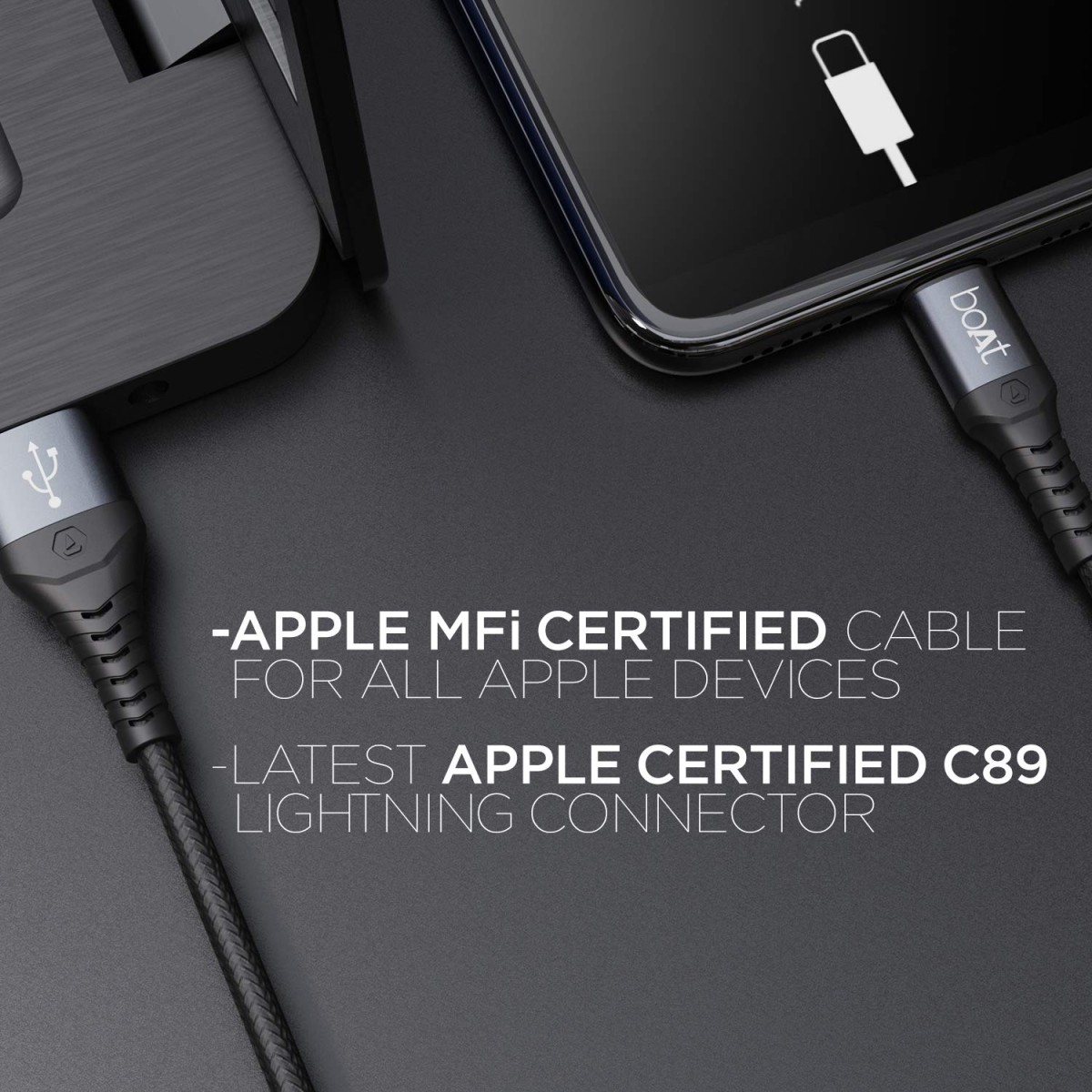 boAt LTG 500 Apple MFI Certified for iPhone, iPad and iPod 2Mtr Data Cable(Space Grey)