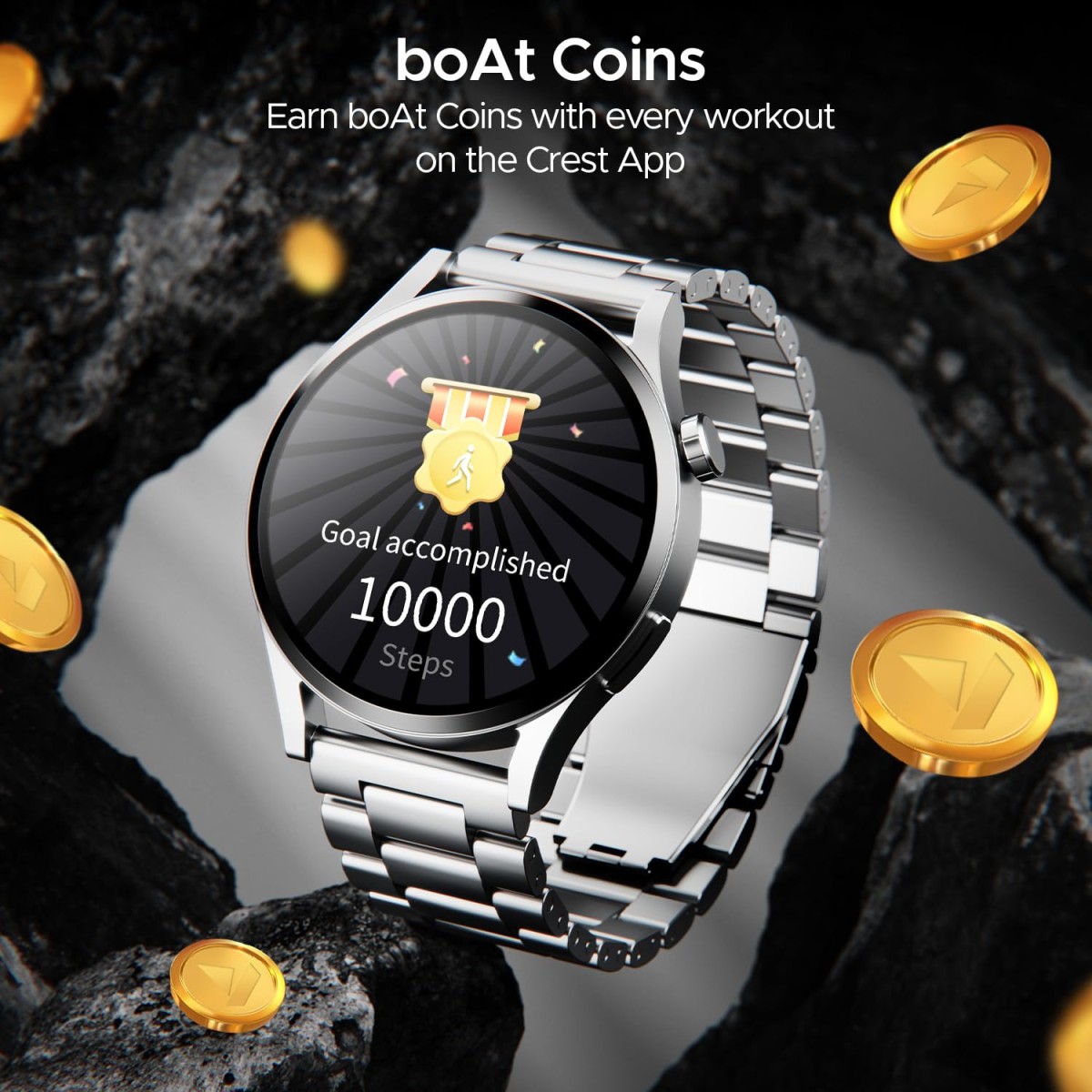 boAt Lunar Embrace w/Vibrant 1.51" (3.8 cm) AMOLED Display,Premium Metal Design, Functional Crown, 100+ Sports Mode, Animated Watch Faces, Built-in Games, Smart Watch for Men & Women(Steel Grey)