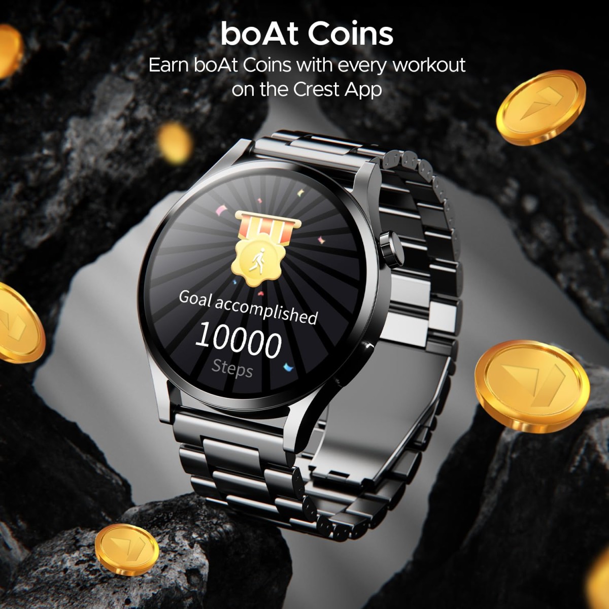 boAt Lunar Embrace w/Vibrant 1.51" (3.8 cm) AMOLED Display,Premium Metal Design, Functional Crown, 100+ Sports Mode, Animated Watch Faces, Built-in Games, Smart Watch for Men & Women(Steel Grey)