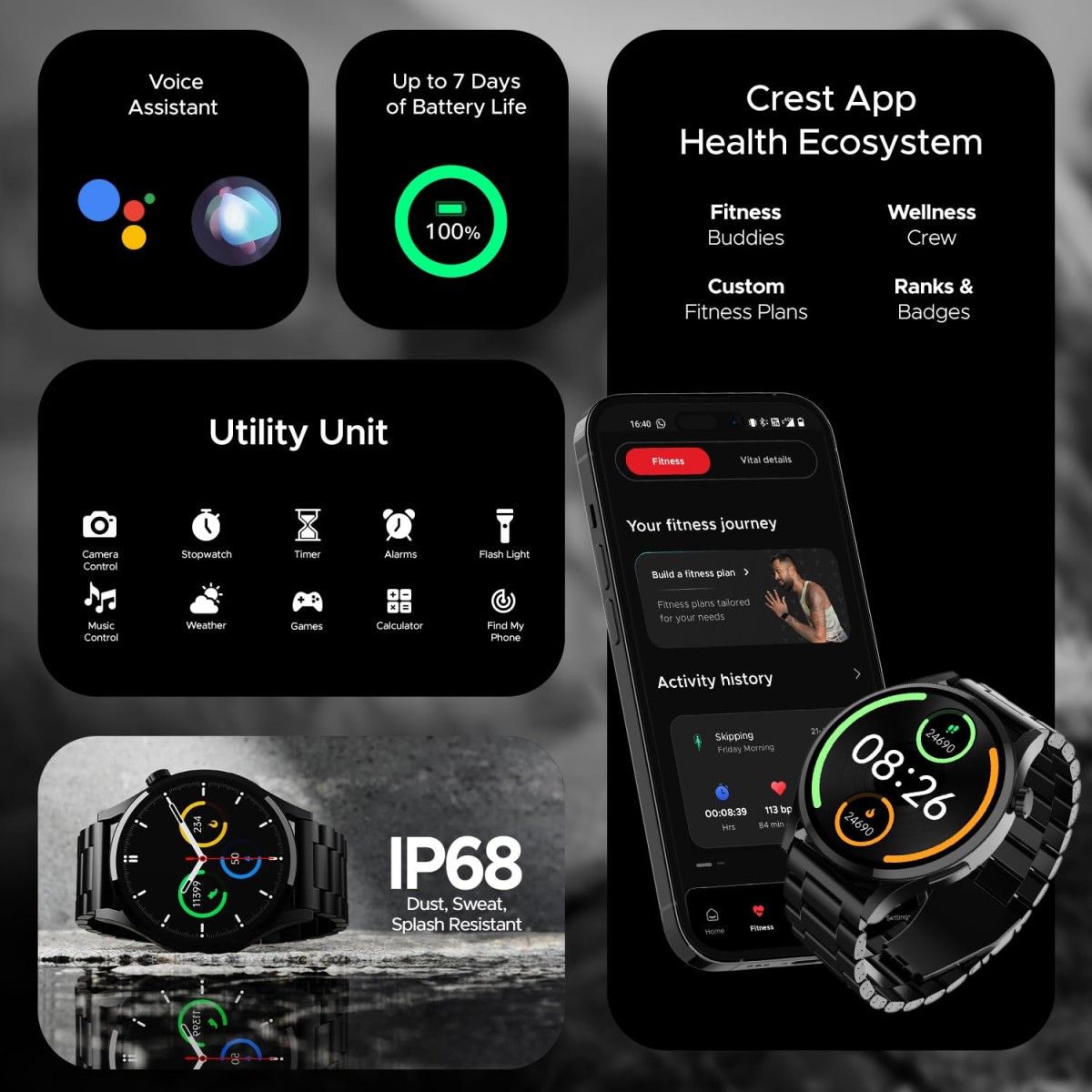 boAt Lunar Embrace w/Vibrant 1.51" (3.8 cm) AMOLED Display,Premium Metal Design, Functional Crown, 100+ Sports Mode, Animated Watch Faces, Built-in Games, Smart Watch for Men & Women(Steel Grey)