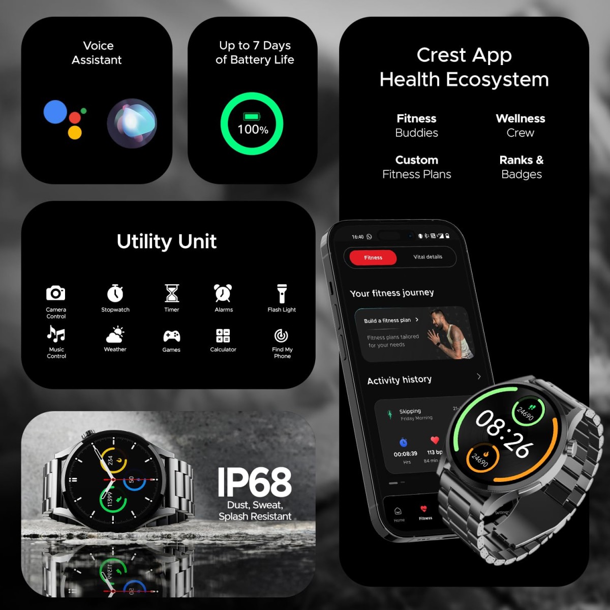 boAt Lunar Embrace w/Vibrant 1.51" (3.8 cm) AMOLED Display,Premium Metal Design, Functional Crown, 100+ Sports Mode, Animated Watch Faces, Built-in Games, Smart Watch for Men & Women(Steel Grey)