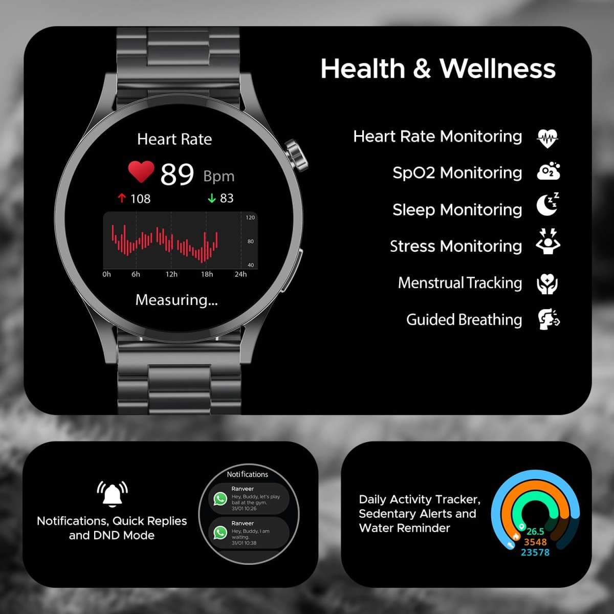 boAt Lunar Embrace w/Vibrant 1.51" (3.8 cm) AMOLED Display,Premium Metal Design, Functional Crown, 100+ Sports Mode, Animated Watch Faces, Built-in Games, Smart Watch for Men & Women(Steel Grey)