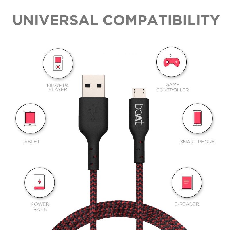 boAt Micro USB 150 Tangle-Free, Sturdy Micro USB Cable with 2A Fast Charging & 480mbps Data Transmission, 10000+ Bends Lifespan & Extended 1.5m Length Black boAt Micro USB 150 Tangle-Free, Sturdy Micro USB Cable with 2A Fast Charging & 480mbps Data Transmission, 10000+ Bends Lifespan & Extended 1.5m Length Black