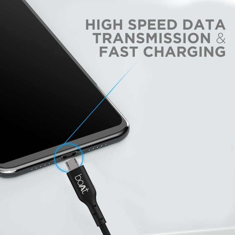 boAt Micro USB 150 Tangle-Free, Sturdy Micro USB Cable with 2A Fast Charging & 480mbps Data Transmission, 10000+ Bends Lifespan & Extended 1.5m Length Black boAt Micro USB 150 Tangle-Free, Sturdy Micro USB Cable with 2A Fast Charging & 480mbps Data Transmission, 10000+ Bends Lifespan & Extended 1.5m Length Black
