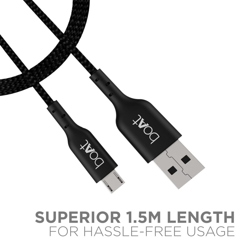 boAt Micro USB 150 Tangle-Free, Sturdy Micro USB Cable with 2A Fast Charging & 480mbps Data Transmission, 10000+ Bends Lifespan & Extended 1.5m Length Black boAt Micro USB 150 Tangle-Free, Sturdy Micro USB Cable with 2A Fast Charging & 480mbps Data Transmission, 10000+ Bends Lifespan & Extended 1.5m Length Black
