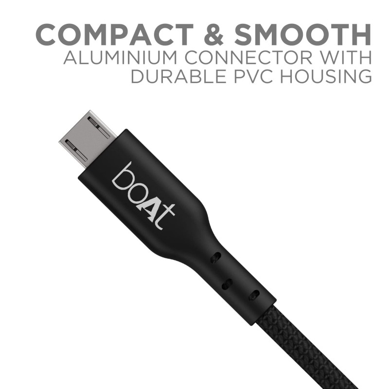 boAt Micro USB 150 Tangle-Free, Sturdy Micro USB Cable with 2A Fast Charging & 480mbps Data Transmission, 10000+ Bends Lifespan & Extended 1.5m Length Black boAt Micro USB 150 Tangle-Free, Sturdy Micro USB Cable with 2A Fast Charging & 480mbps Data Transmission, 10000+ Bends Lifespan & Extended 1.5m Length Black