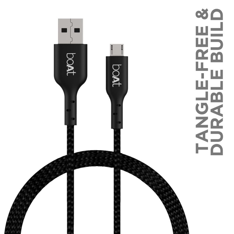 boAt Micro USB 150 Tangle-Free, Sturdy Micro USB Cable with 2A Fast Charging & 480mbps Data Transmission, 10000+ Bends Lifespan & Extended 1.5m Length Black boAt Micro USB 150 Tangle-Free, Sturdy Micro USB Cable with 2A Fast Charging & 480mbps Data Transmission, 10000+ Bends Lifespan & Extended 1.5m Length Black