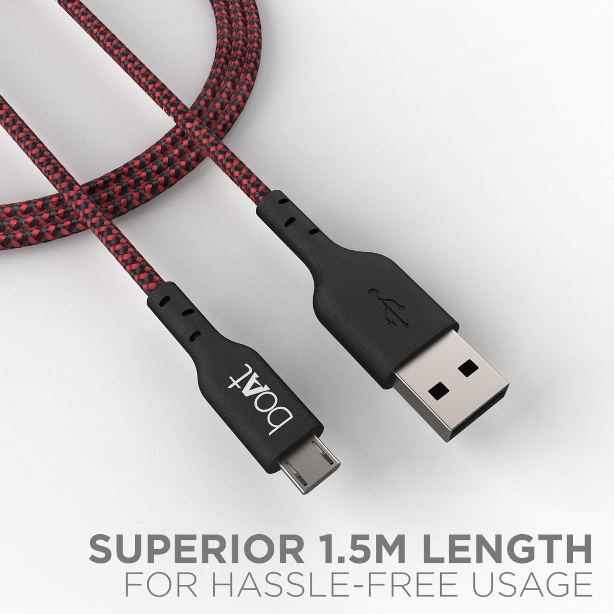 boAt Micro USB 150 Tangle-Free, Sturdy Micro USB Cable with 2A Fast Charging & 480mbps Data Transmission, 10000+ Bends Lifespan & Extended 1.5m Length Black